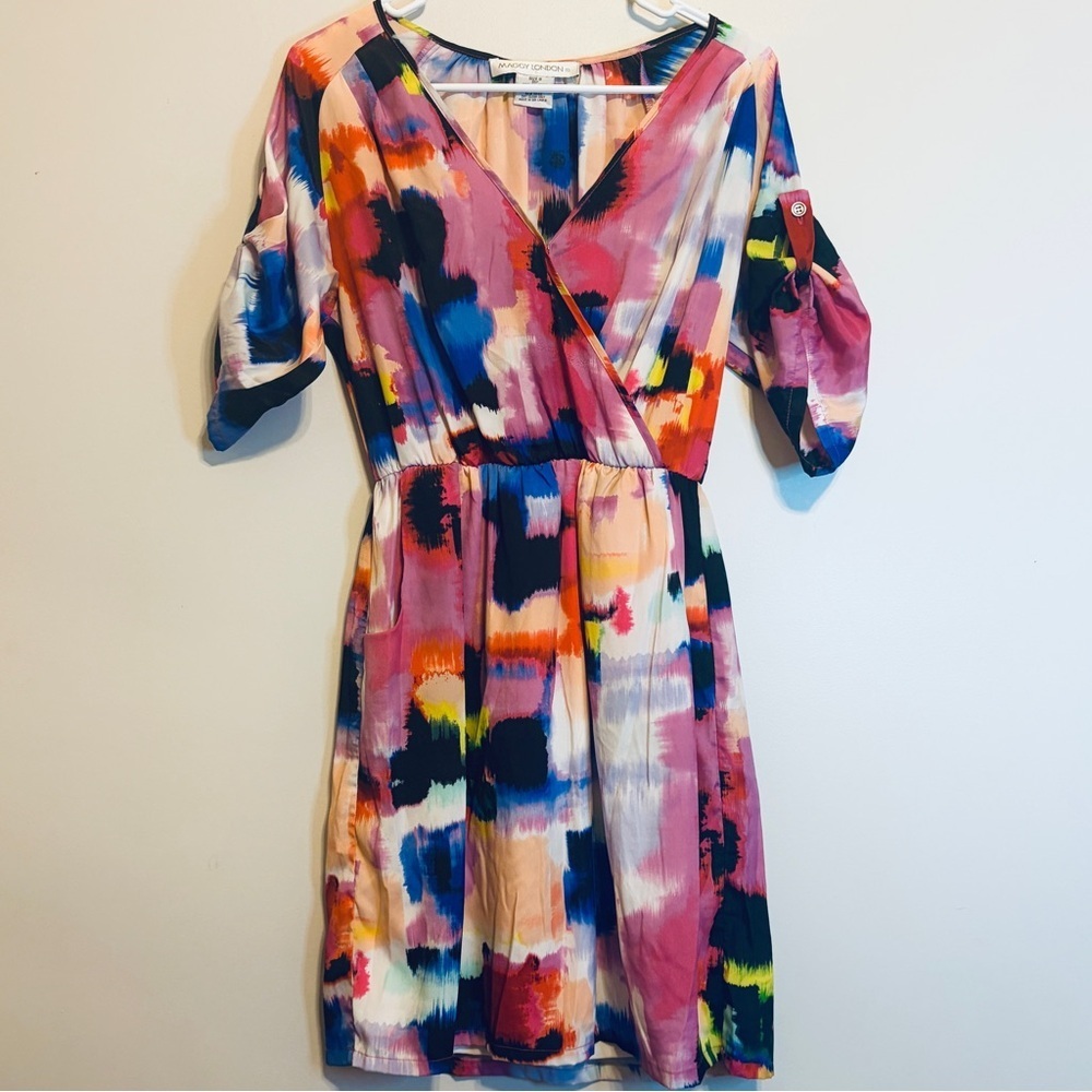 Maggy London Pink Blue Multicolor Abstract Midi Dress